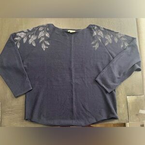 Laura Petites Navy Blue Rhinestone Leaf Shoulder Boat Neck Sweater Womens Medium